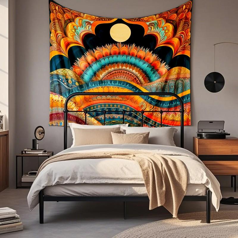 Boho Chic Wall Tapestry With Moon Phase Floral Starry Sky Design Bedroom Yoga Studio Decor