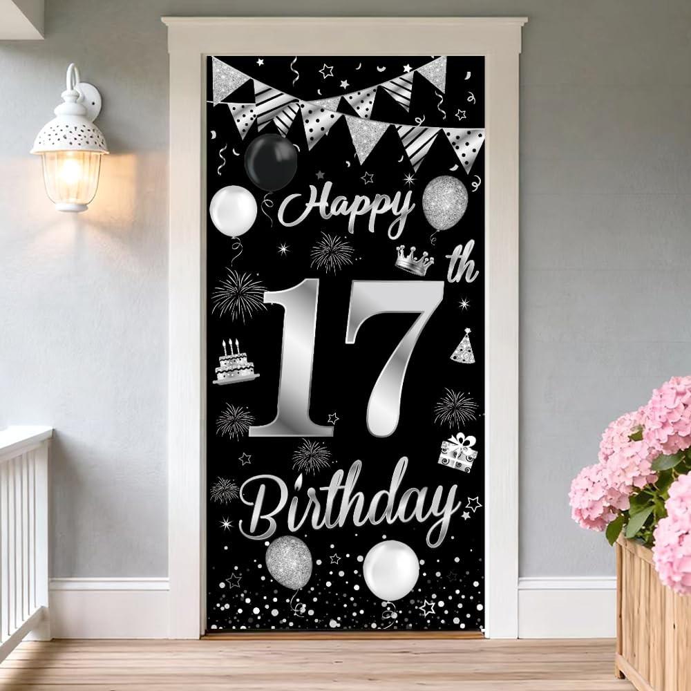 17 Birthday Decorations Happy 17th Backdrop Banner black sliver