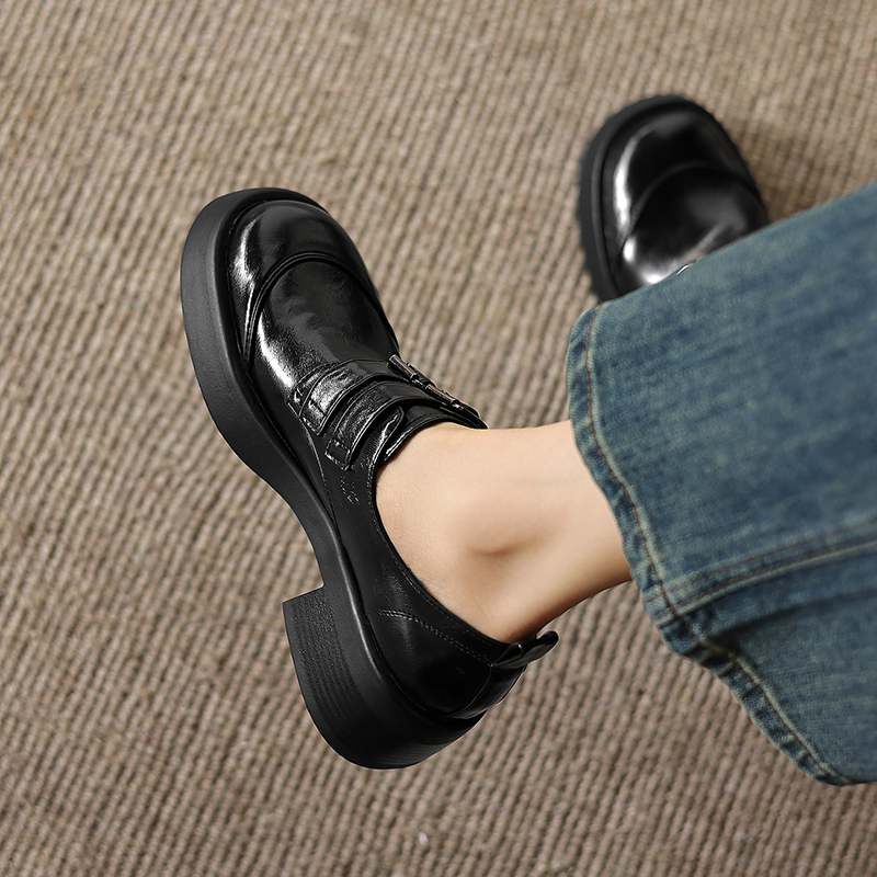 Krazing Pot Microfiber Round Toe Chunky Heels Spring Summer Shoes Big Size 43 Size 33 Women Metal Buckle Platform Pumps