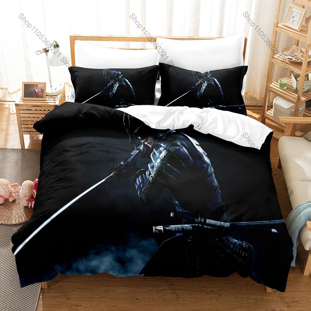 Cool Japanese Samurai Bedding Set Duvet Cover + 2 Pillowcases Traditional Ronin Katana Cherry Blossom Warrior Bedroom Decor