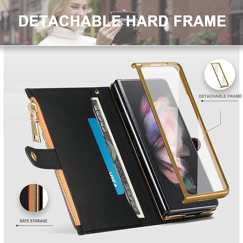 Leather Wallet Case for Samsung Galaxy Z Fold 4 3 2 5 6 ZFold4 ZFold3 Z Fold2 ZFold5 with Pen Holder Card Slot Zipper Flip Cover