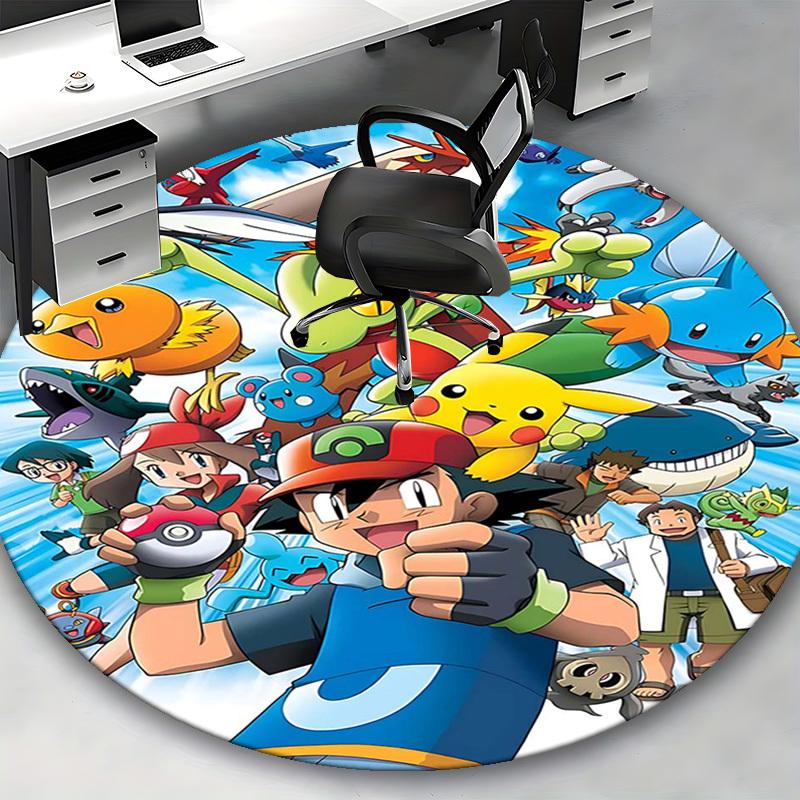 1pc Pokemon Pikachu & Friends Anime Cartoon Design Round Carpet for Office Chair Mat, Non-Slip Rug Suitable for Home Decor, Living Room, Bedroom, Game