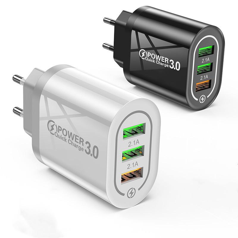 Fast Charging 3-USB Multi-Port QC3.0 Travel Phone Charger (5V/9V/12V) - US/EU/UK Specs