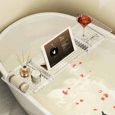 Verstellbares Badewannenbrett mit Fächern für Wein, Handy, Buch und Tablet, Acrylmaterial für Feuchtigkeitsbeständigkeit