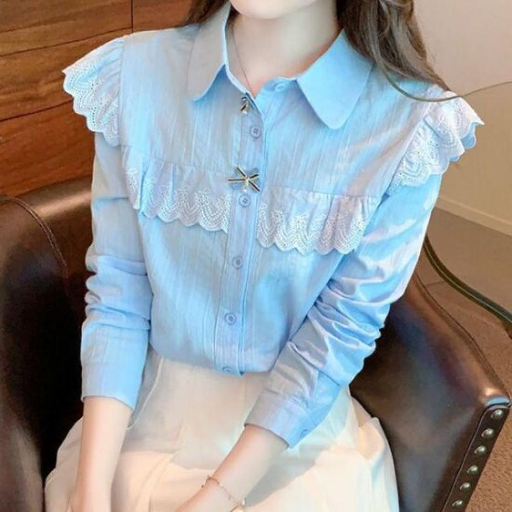 Navava Women Lovely Lace Point Ribbon Long Sleeve Shirt Nb3063