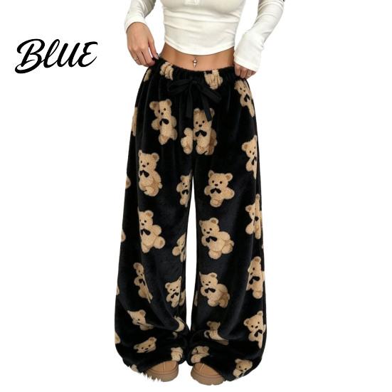 Bear Print Pajamas Women Plush Sleeping Pants Wide Leg Pajama Bottoms Pants Thickened Warm Lounge for Autumn Winter Home Wear Bottoms