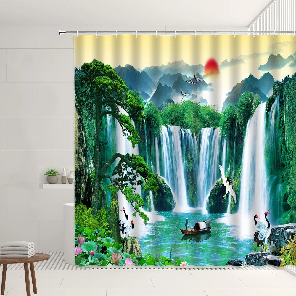 Chinese Landscape Shower Curtain Sets Mountain Waterfall Sunrise Flower Plant Residence Decorations Bathtub Screens With Hooks
