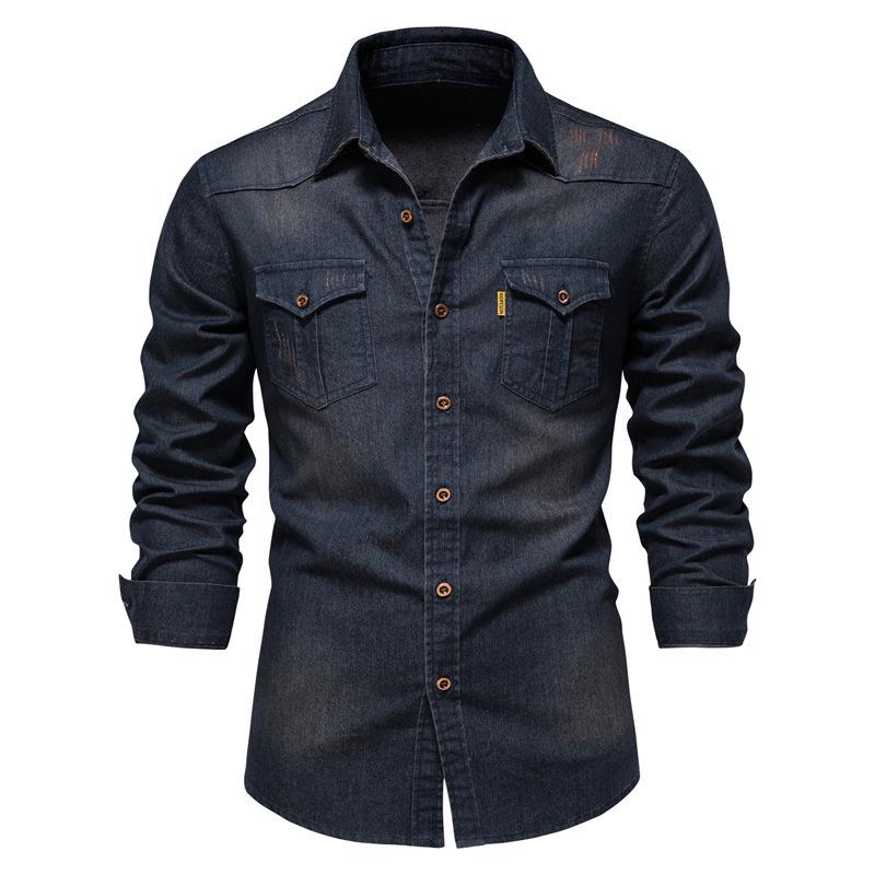 2022 Trendy Men's Casual Solid Color Non-Iron American Size Long-Sleeve Denim Shirt
