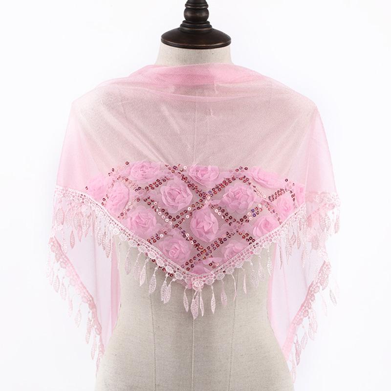 Korean Women Winter Long Neck Protection Plush Warm ShawlSolid Sequin Fragmented Flower Embroidery Lace Tassel Triangle Scarf