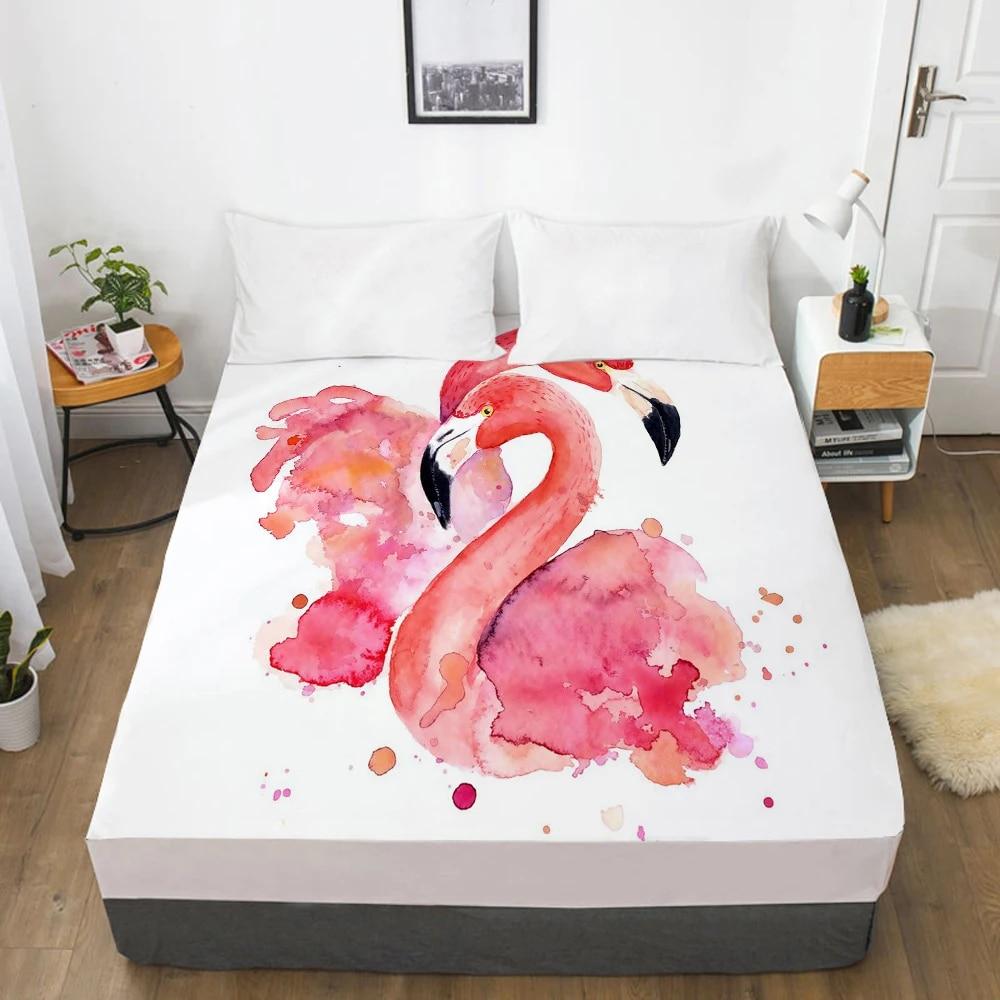 Bedding Mattress Cover Bed Fitted Sheets With Elastic Band Linens Queen/King Size Bedsheet 90/150/160X200CM Watercolor Flamingo