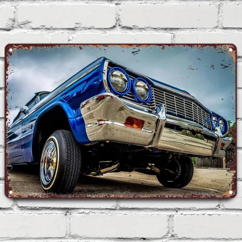Juguetes de Hombre Verdadero Cartel Metálico de Coche Lowrider Azul Brillante Vintage, Decoración de Pared de Lata de Aluminio para Sala de Estar, Dormitorio, Oficina, Bar