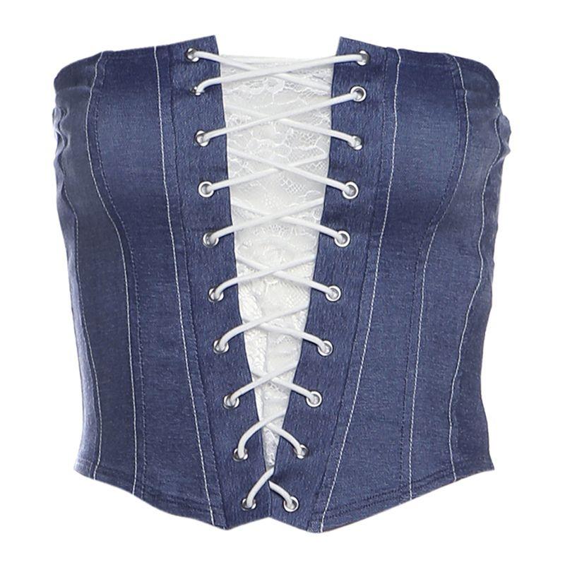 

# Sisjuly# Retro Style Sexy Sexy Denim Color Matching Stitching Lace Cross Strap Vest Tube Top Women Blue S