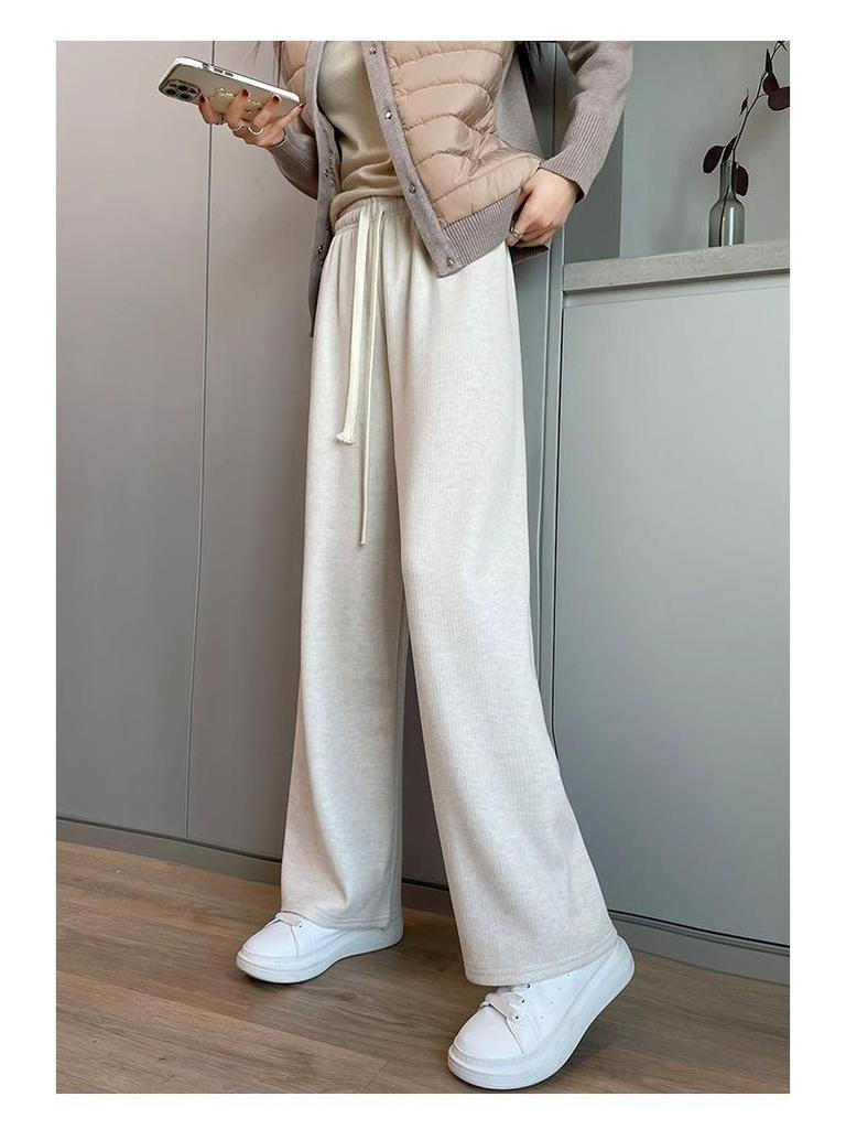 Extra Thick Oatmeal Cashmere Wide Leg Pants for Petite Women - Autumn Winter Style