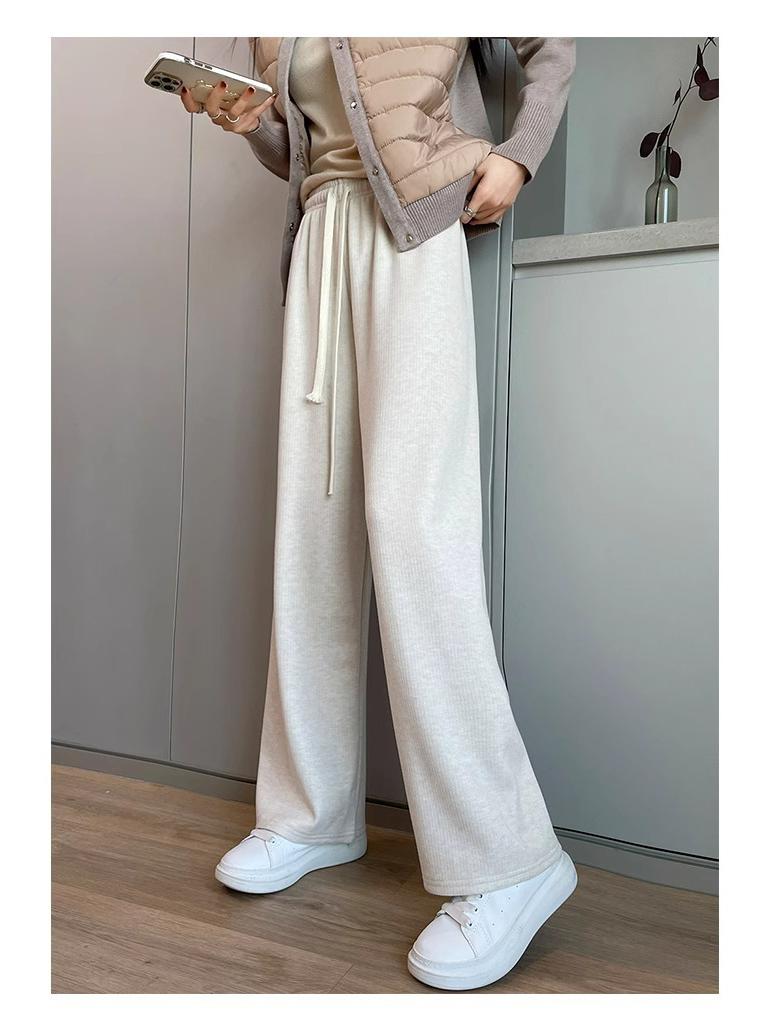 

Extra Thick Oatmeal Cashmere Wide Leg Pants for Petite Women - Autumn Winter Style L (111-120 lbs)