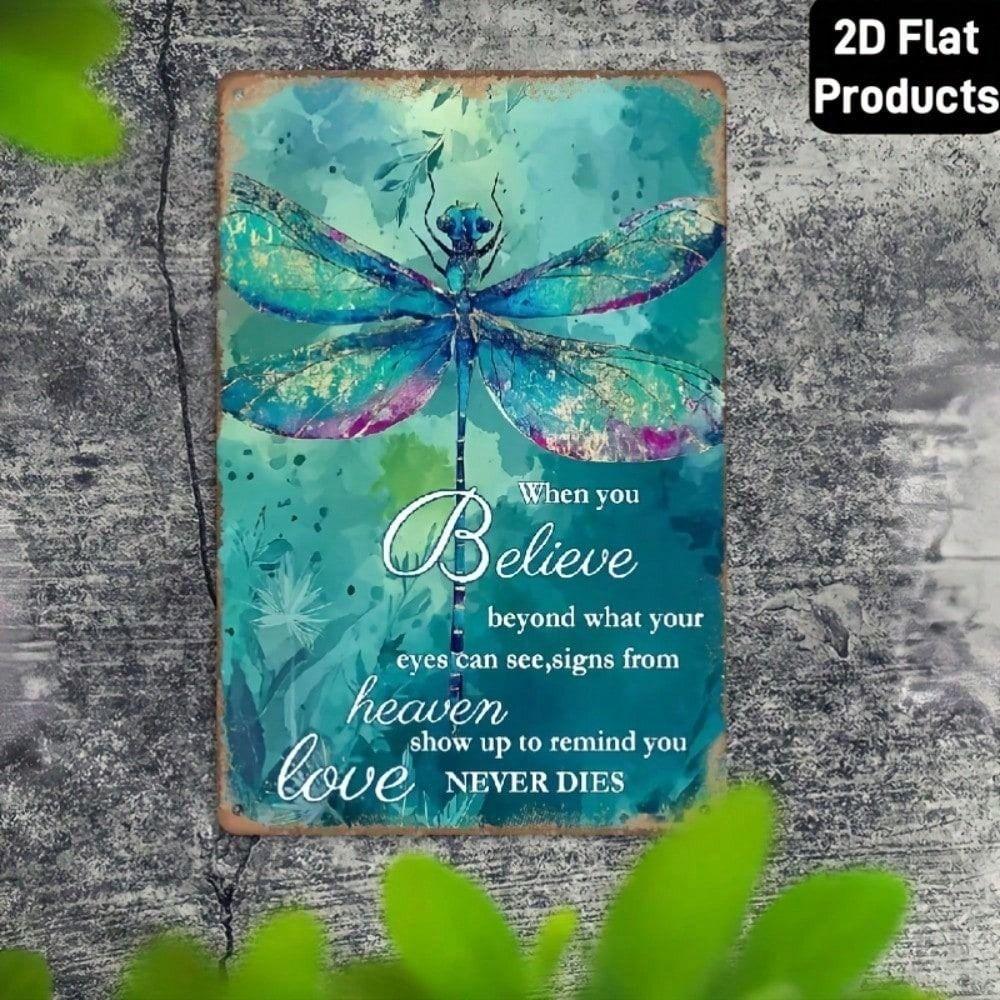 Metal Wall Art Poster, Dragonfly When You Believe, Gold Turquoise Inspirational Decor