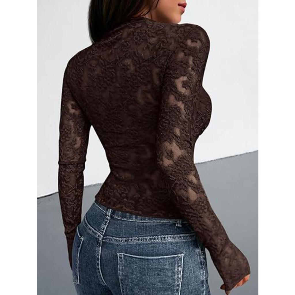 Autumn Sheer Mesh Floral Lace Blouse for Women, V-Neck Sexy Party Clubwear