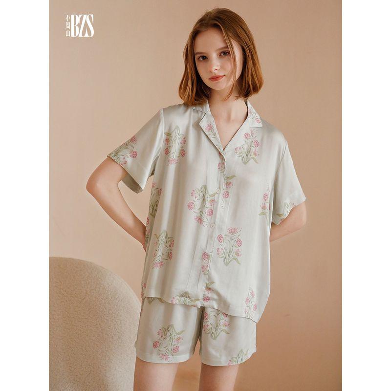 2024 Summer Pajamas Women Green Hydrangea Print Rayon Satin Short Sleeve Shorts Thin Comfortable Casual Home Wear