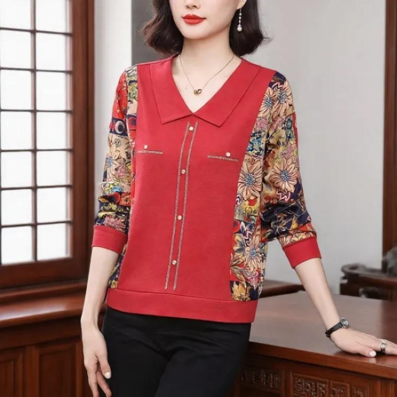 Fashion Long Sleeve Mom Blouse Doll Collar Print Slim Fit For Spring Autumn