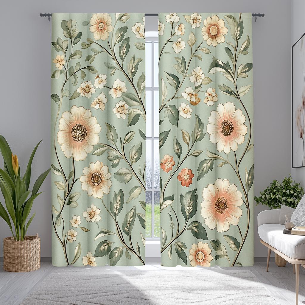 2pc Light green floral pattern curtains, polyester fabric, machine washable, suitable for living room/bedroom decoration