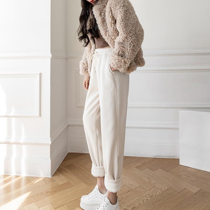 Fashion Women Casual Thicken Harem Pants Autumn Winter Plush Velvet Capris Solid Fleece Chenille Pants Women High Waist Straight Ladies Trousers 2356