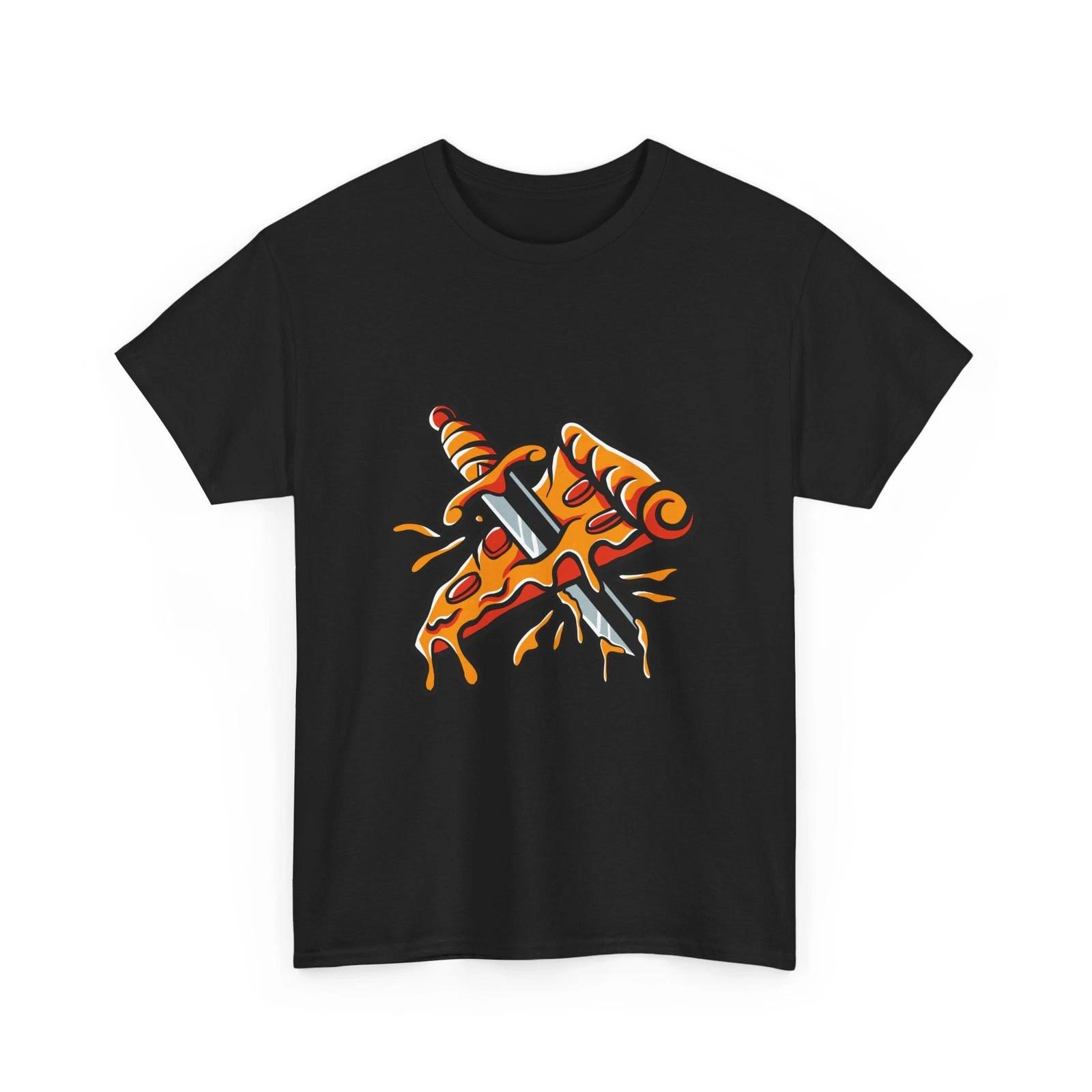 Knife Through Pizza Slice T-Shirt | Retro Pizza Food Design, Cotton T-Shirt Gift L