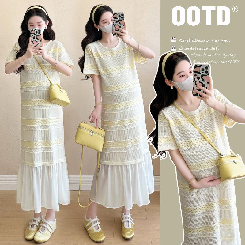 2026 Summer New Plus Size Stylish Color Block Striped Maternity Dress 2XL