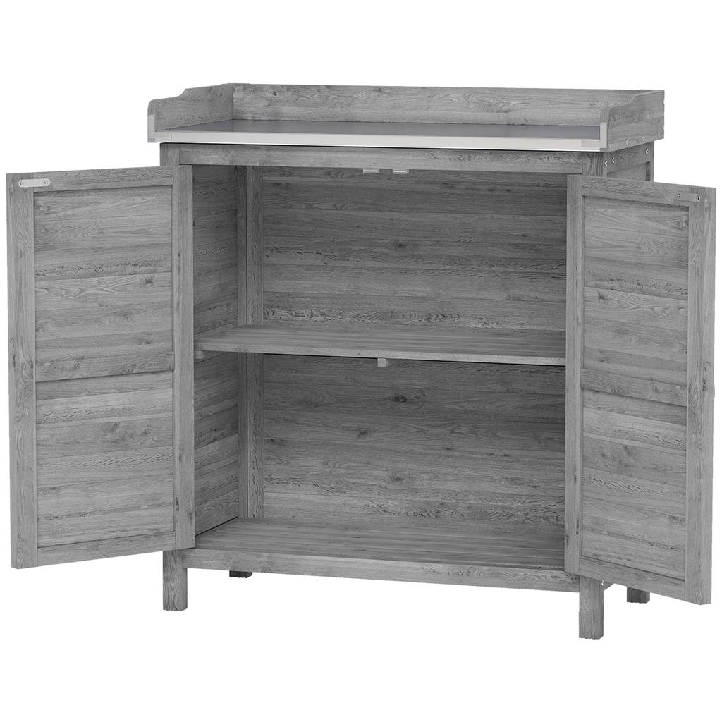 Garden Cabinet with Potting Table, Wooden Tool Shed with Galvanized Worktop, 2 Shelves, Grey