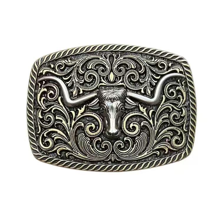 Lycoris Retro Western Cowboy Bull Head Leather Belt Buckle, 4.0cm, Smooth Square Design.