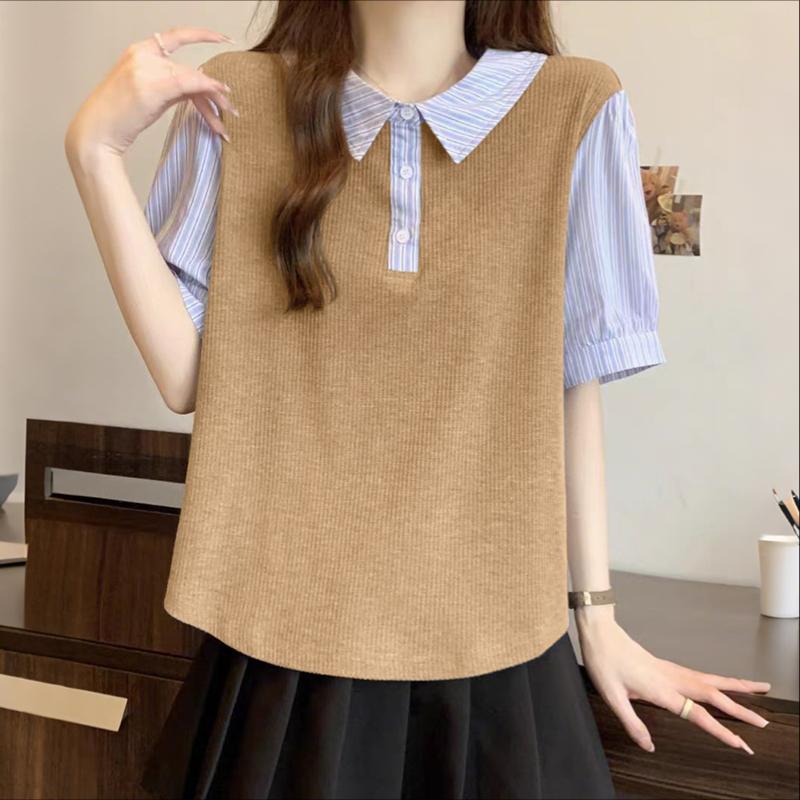 ZANZEA Bluză casual de vară cu mânecă scurtă pentru femei, cu patchwork cu dungi