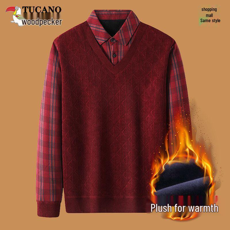 

Woodpecker Men s Plus Velvet Knitwear: Warm Two-Piece Shirt for Autumn/Winter L червоний