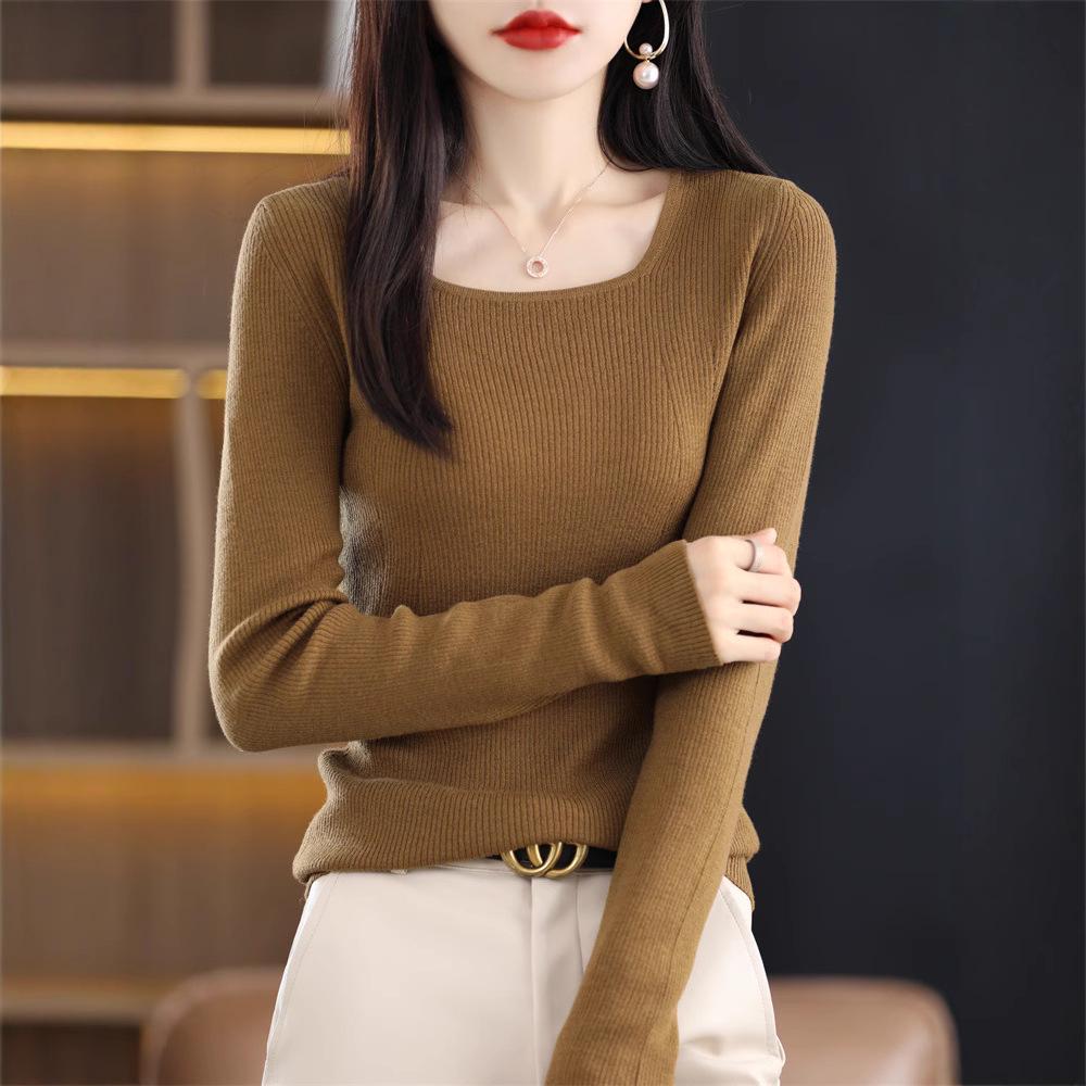 2025 Slim Fit Women's Square Neck 100% Wool Sweater - Thin U-neck Base Layer Top
