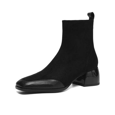 Lammfell Beflockt Winter Quadratische Spitze Klobige Absätze Chelsea Mode Stiefel Damen Reißverschluss Patchwork Damen Stiefeletten