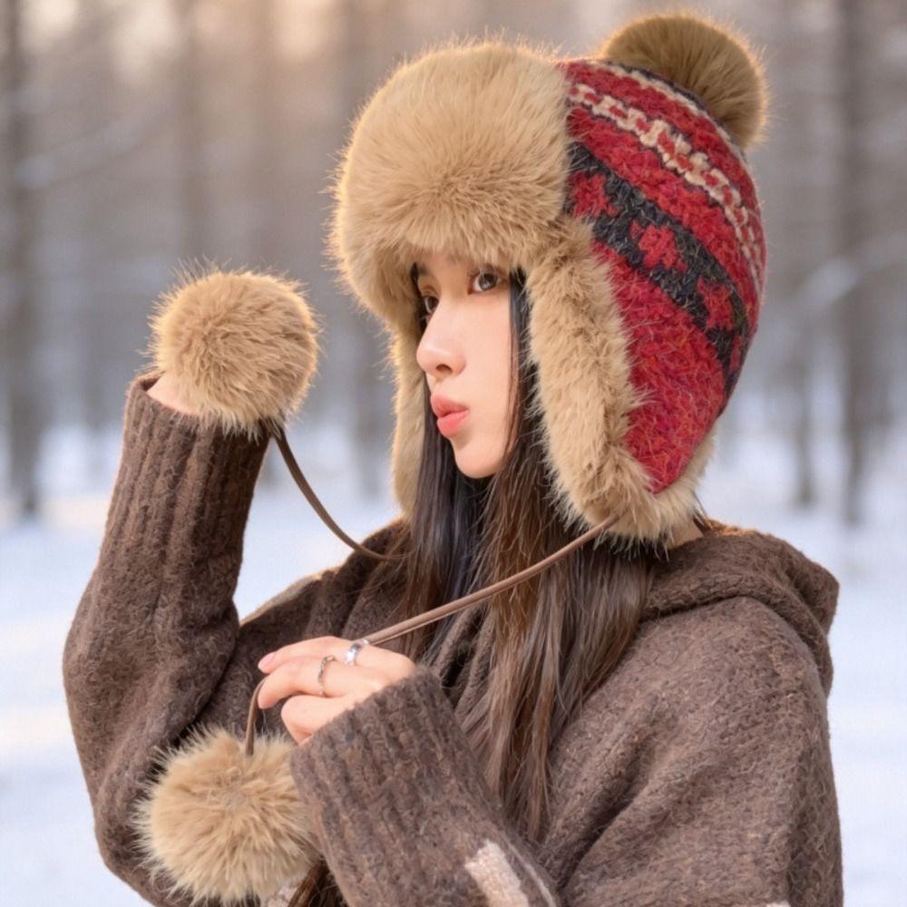 Pom Poms Knitted Trapper Hat 55-58cm Head Circumference Winter Hat Ushanka Hat Outdoor Activities