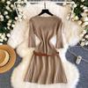 Retro commuter style V-neck knitted dress women's summer short-sleeved pleated skirt waist and thin A-shaped skirt with belt