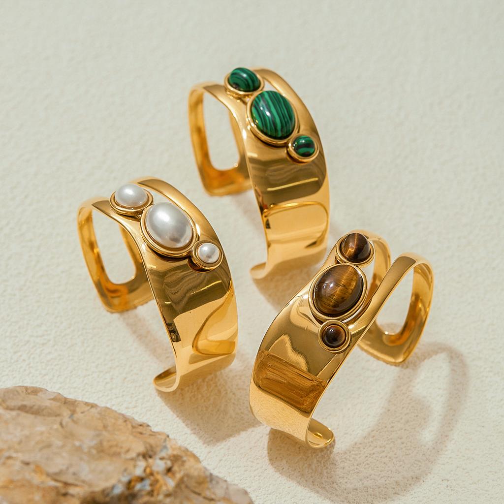 Vintage Stainless Steel Tiger Eye Stone Hollow Bracelet Women's Bangle Accessories