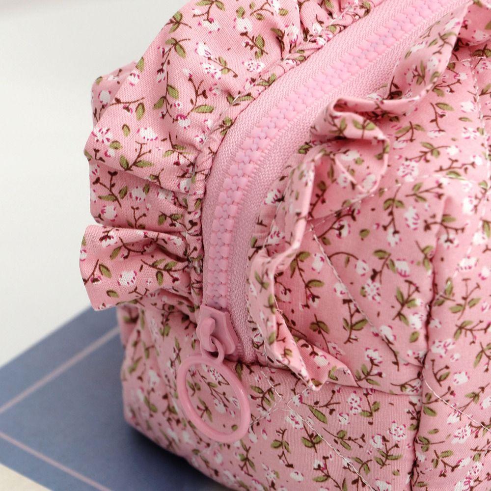 Portable Bow Quilted Cosmetic Bag Large Capacity Makeup Organizer Travel Toiletry Bag Zipper Lightweight Ruffles Storage Bag
