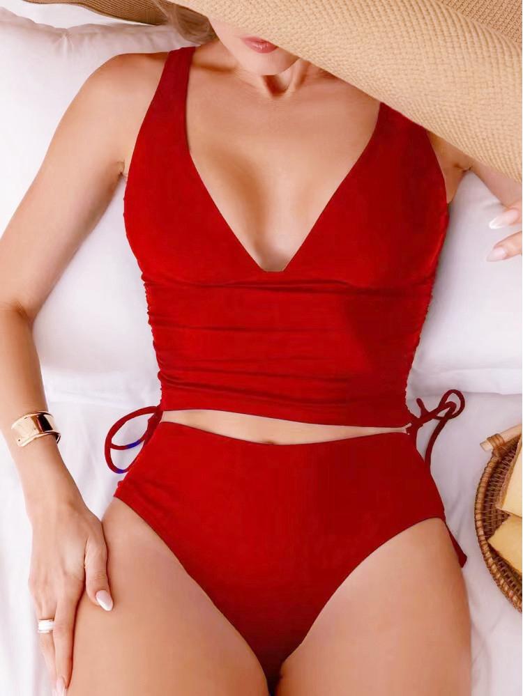 2026 European & American Solid Color Waist-Hugging Women's Two-Piece Bikini Swimsuit