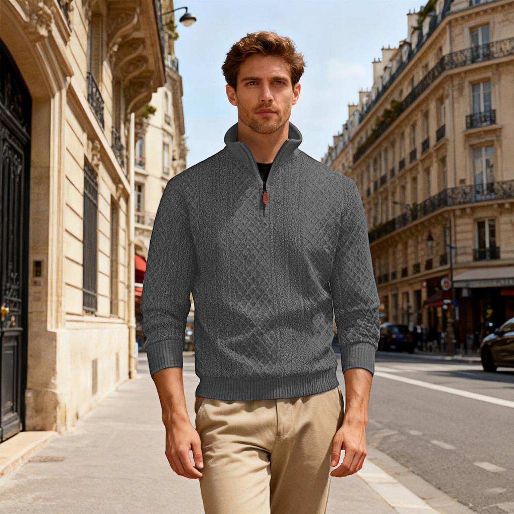 Men's Casual Loose Solid Color Outdoor Stand Up Collar Zipper Long Sleeved Texture Sports Sweatshirt