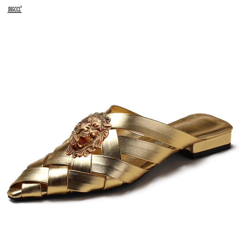 Fashion Hollowed-out Woven Pointed-toe Flip-flops for Women, New Thick-heeled Fashion, Closed-toe Half Slippers, Mules T77