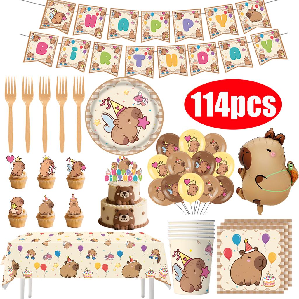Capybara Disposable Tableware Set  Birthday Party Capybara Tablecloth Cups Plates Napkin Banner Cake Topper Kids Party Supplies