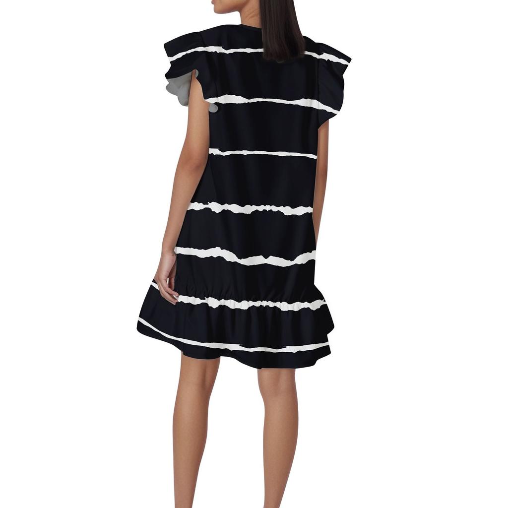 Women's Fashion Casual V Neck Wavy Edge Striped Plaid Print Short Sleeve Dress