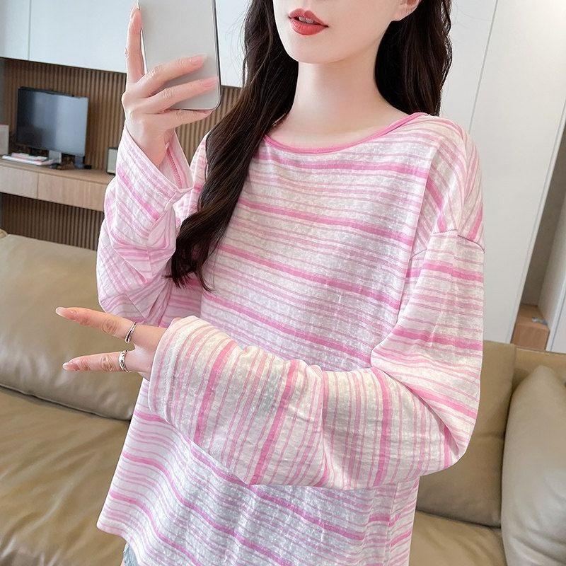 Women's Striped T-shirt Ladies' Contrasting Color Round Neck Long Sleeved Blouse New Korean Style Loose Versatile Top