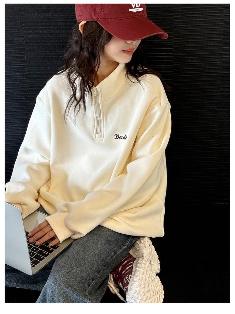 Fleecegefüttertes Mädchen-Sweatshirt mit halbem Reißverschluss: Gemütliche, locker sitzende Herbst-/Winter-Kinderbekleidung 2024