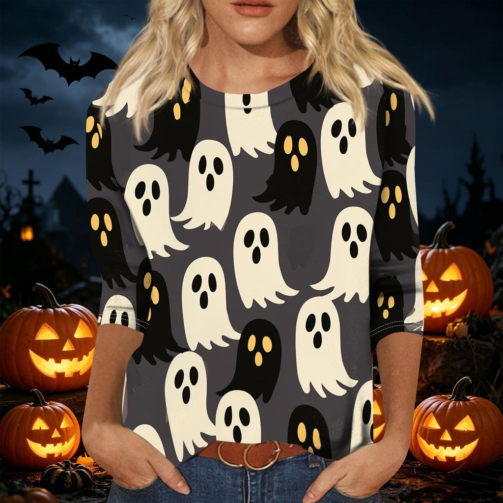 Women's Casual Three Quarter Sleeve Halloween Theme Printed Crew Neck Top Relaxed Fit Soft Material Holiday Blouse Shirt