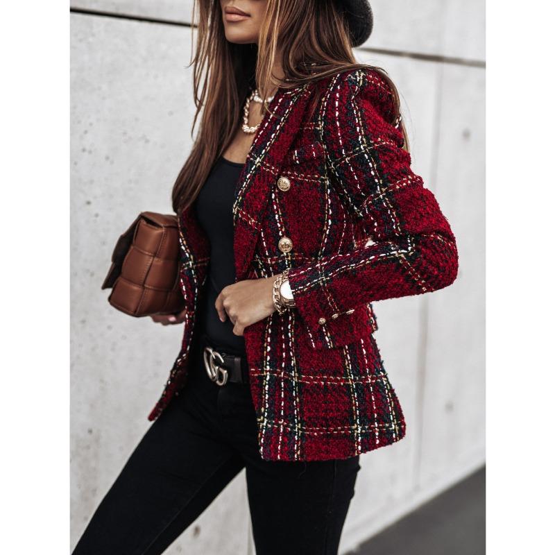 JKASHDK Damenmode Casual Plaid Print Herbst Winter Langarm POLO Neck Jacken & Mäntel