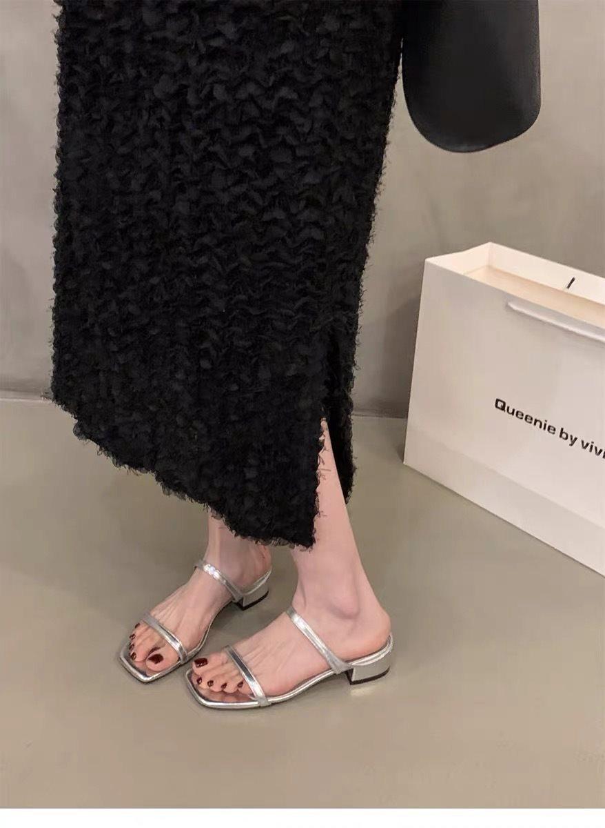 

One-Word Slippers Women S Shoes Black Outer Sandals French Stiletto Summer High-Heeled Sandals 35 серебряный