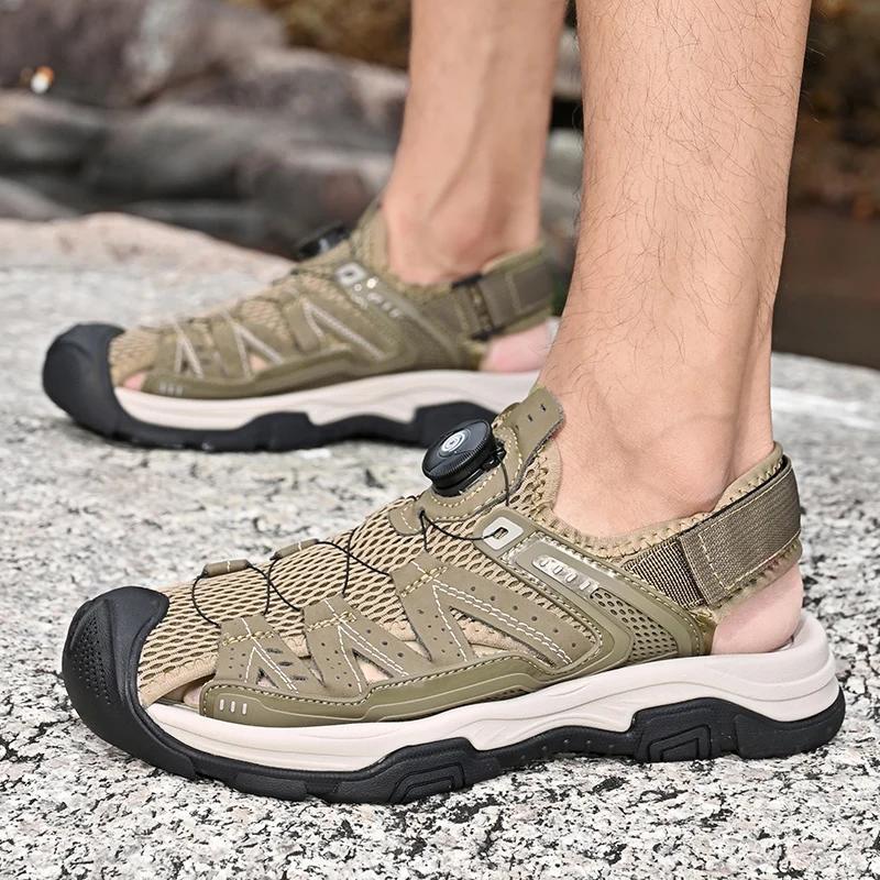 Fashion New Men Outdoor Genuine Leather Sandals High-quality Summer Non-slip Beach Sneakers Fashion Breathable Walking Soft Bottom Shoes