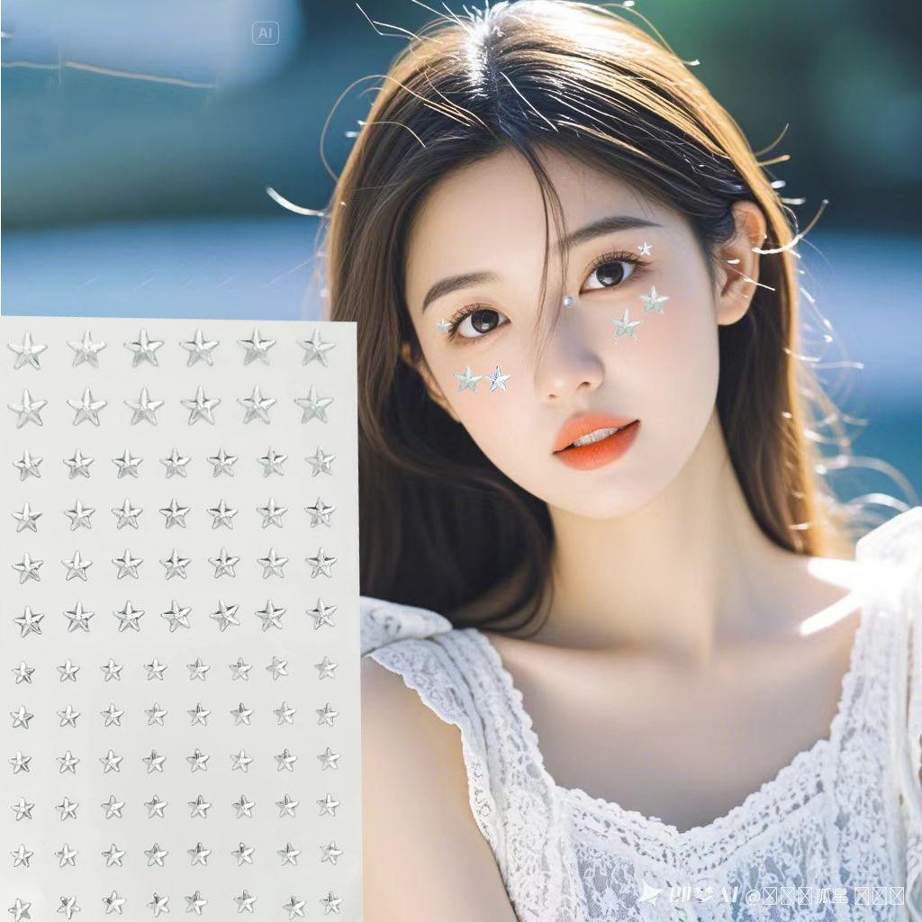 Concert Face Stickers: Five-Pointed Star, Blue Heart, Bowknot, Glue-Free Rhinestones for Makeup