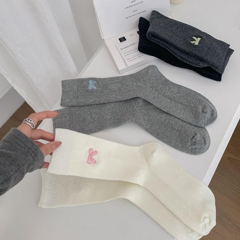 Gray Pile Socks - Spring and Autumn Embroidered Bow Tie Socks - Children's White Double-needle Cotton Socks - Boneless Mid-calf Socks