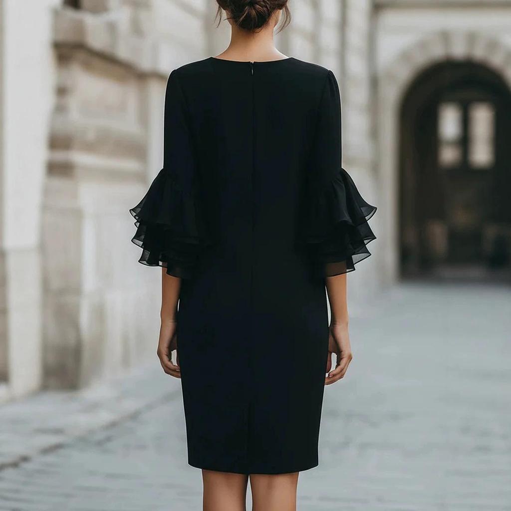 New Ruffle Sleeve Bodycon Midi Dress Women Elegant Knee Length Sheath Party Cocktail Dress Long Sleeve Office Lady Dresses